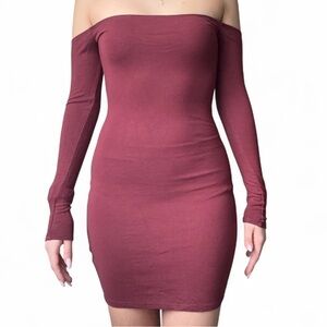 Garage Long Sleeve Off-Shoulder Dress in Burgundy